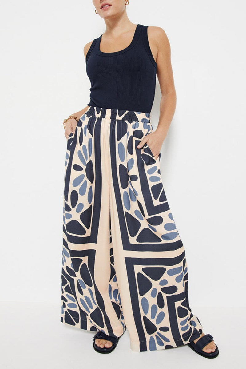 Yaz Tatili Tarzı Benzer Etnik Baskı Gevşek Bel Elastik Pantolon Takımı