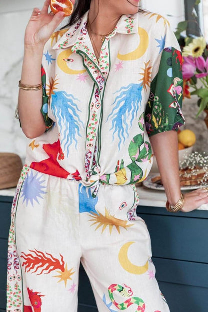 Desenli Baskı Kısa Kollu Bol Gömlek Ve Elastik Bel Pantolon Takımı