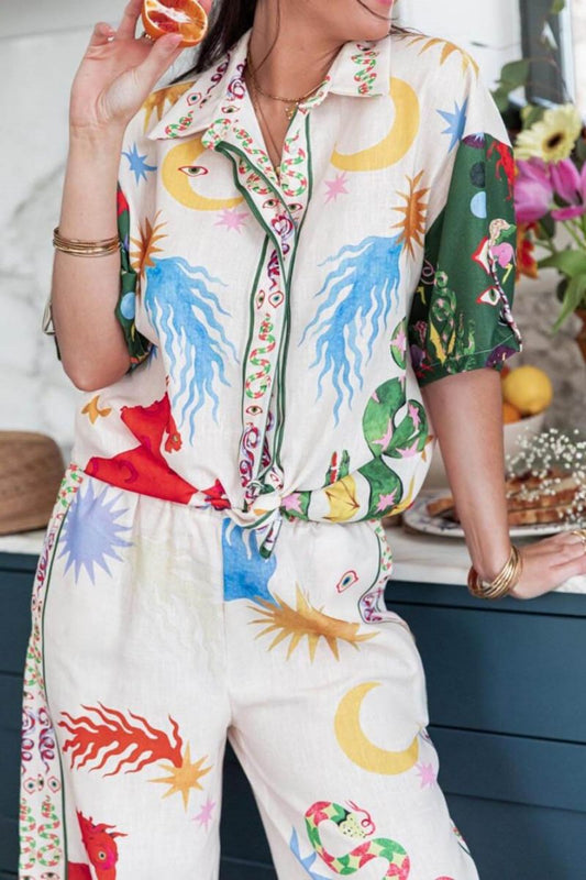 Desenli Baskı Kısa Kollu Bol Gömlek Ve Elastik Bel Pantolon Takımı