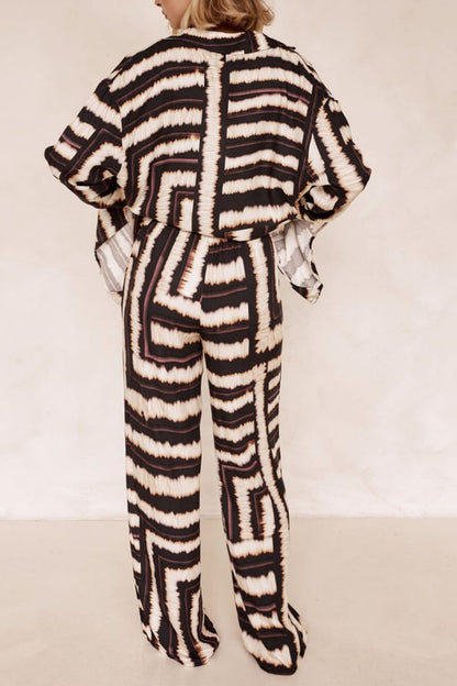 Signature Şerit Dokulu Çikolata Desenli Şalvar Pantolon Takım