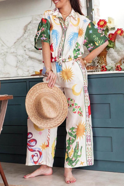 Desenli Baskı Kısa Kollu Bol Gömlek Ve Elastik Bel Pantolon Takımı