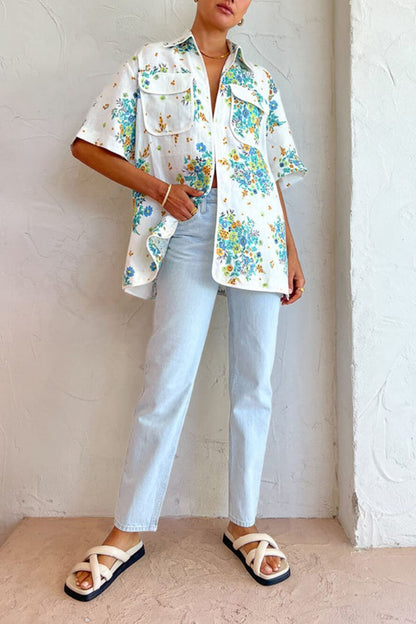 Çiçek Desenli Fildişi Detaylı Cepli Bluz Ve Arkası Lastikli Şort Takım