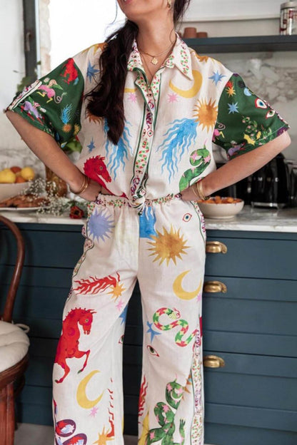 Desenli Baskı Kısa Kollu Bol Gömlek Ve Elastik Bel Pantolon Takımı