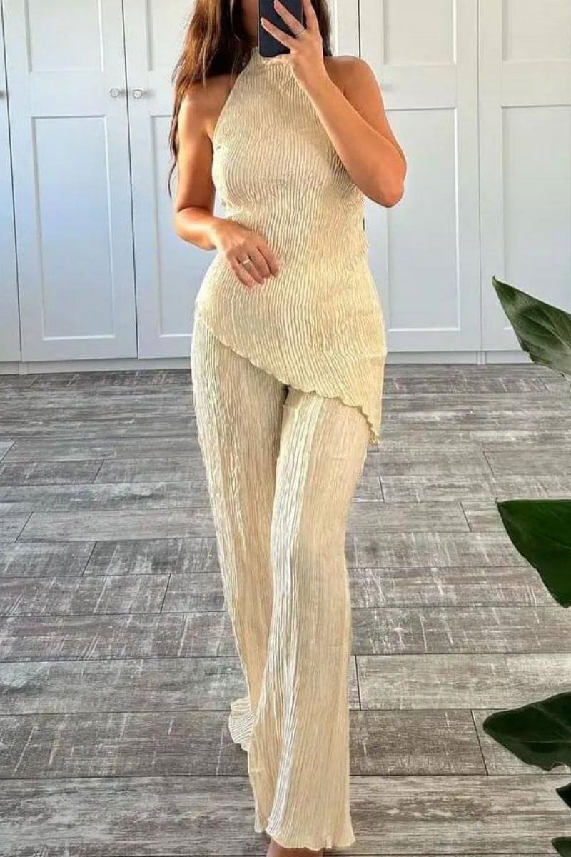 Kolsuz Boyundan Bağlamalı Yüksek Bel Günlük Geniş Paça Pantolon Takımı