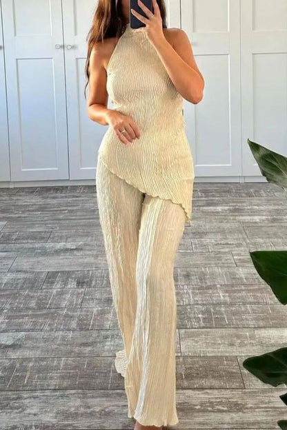 Kolsuz Boyundan Bağlamalı Yüksek Bel Günlük Geniş Paça Pantolon Takımı