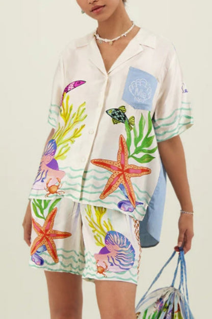 Romantik Okyanus Kabuğu Baskılı Bol Şort İki Parçalı Set