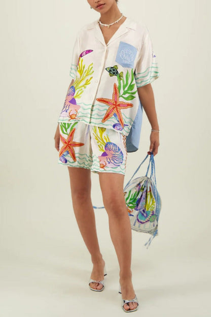 Romantik Okyanus Kabuğu Baskılı Bol Şort İki Parçalı Set