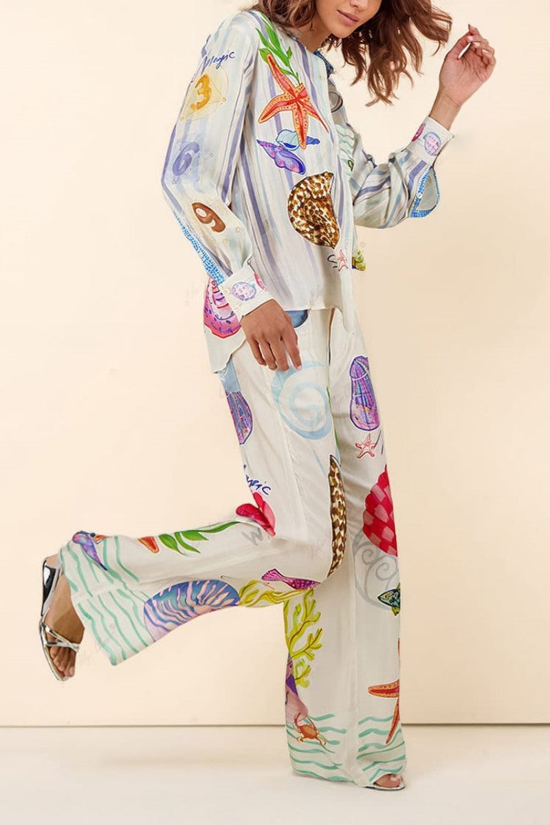 Okyanus Temalı Desenli Pantolon Takımı