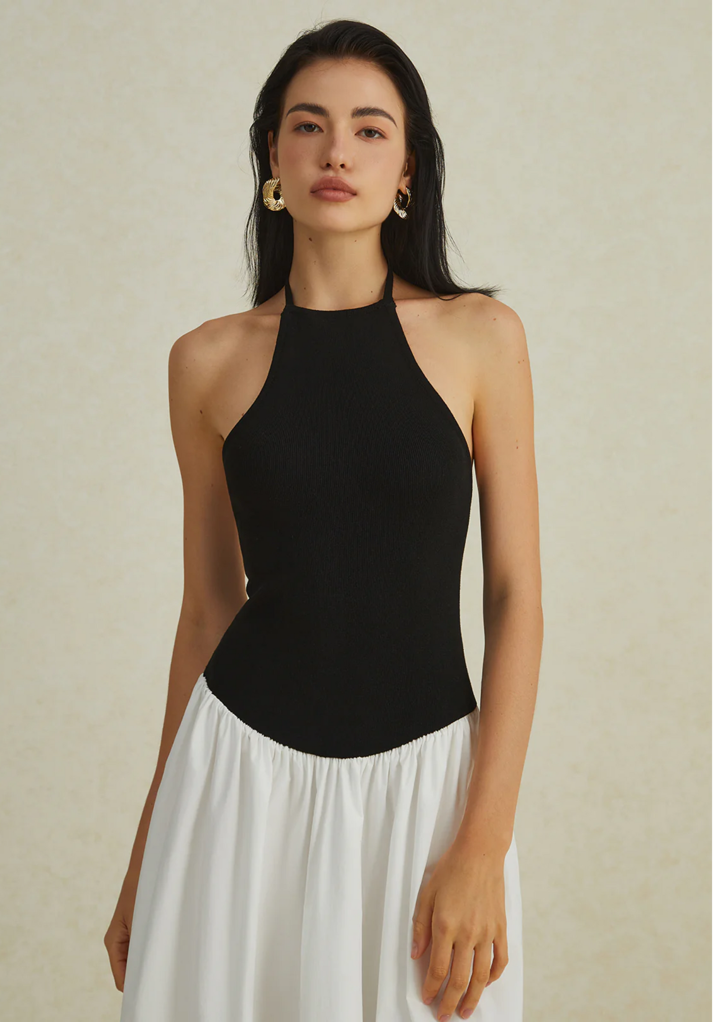 İki Renkli Boyundan Bağlamalı Maxi Elbise