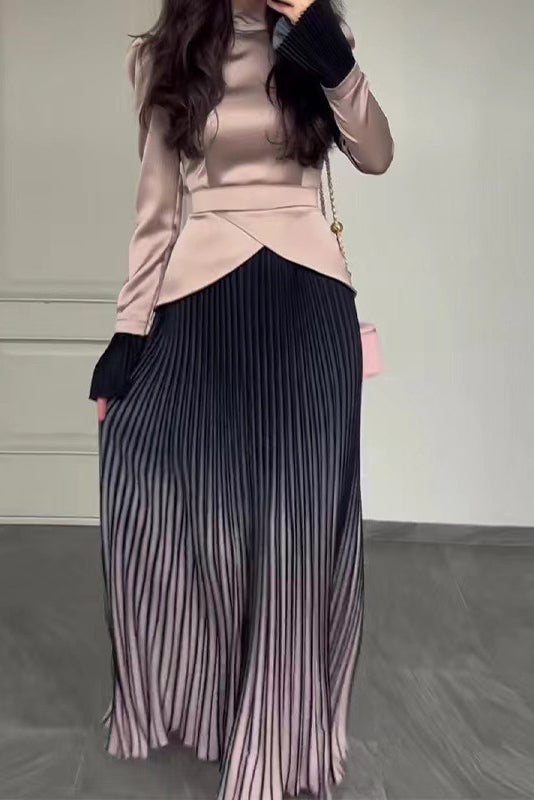 Renk Blok Ekleme Dar Kesim Bağcıklı Uzun Kollu Maxi Elbise