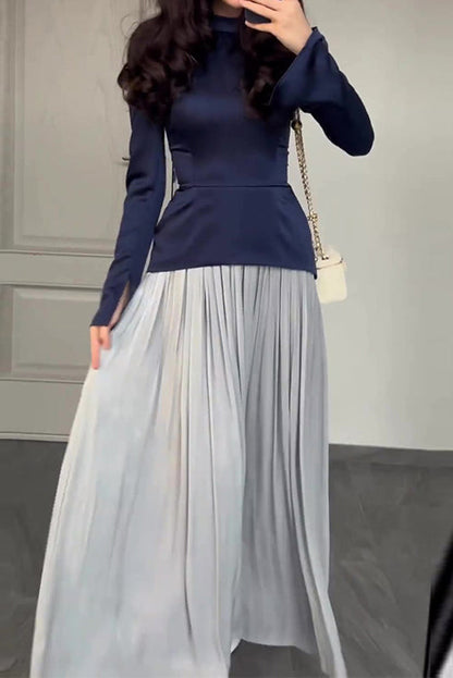 Renk Blok Ekleme Dar Kesim Bağcıklı Uzun Kollu Maxi Elbise