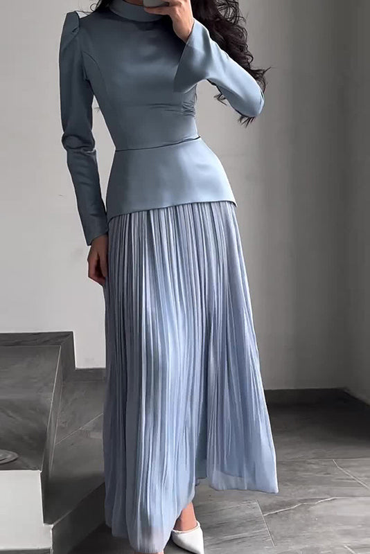 Renk Blok Ekleme Dar Kesim Bağcıklı Uzun Kollu Maxi Elbise