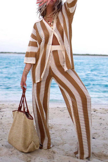 İçi Boş Çizgili Gömlek Örgü Takımı