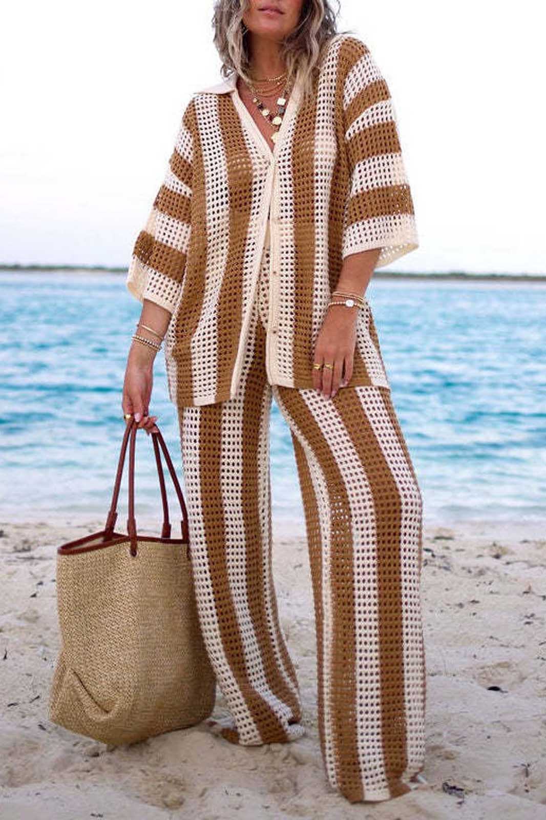 İçi Boş Çizgili Gömlek Örgü Takımı