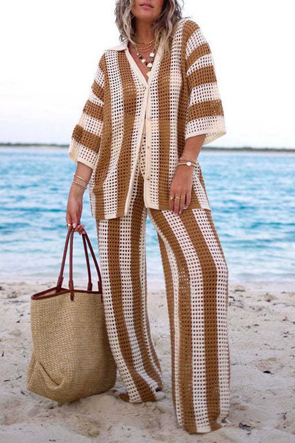 İçi Boş Çizgili Gömlek Örgü Takımı