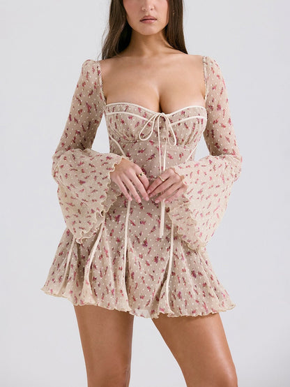 Uzun Dantel Falre Kollu Pileli Baskılı Mini Elbise