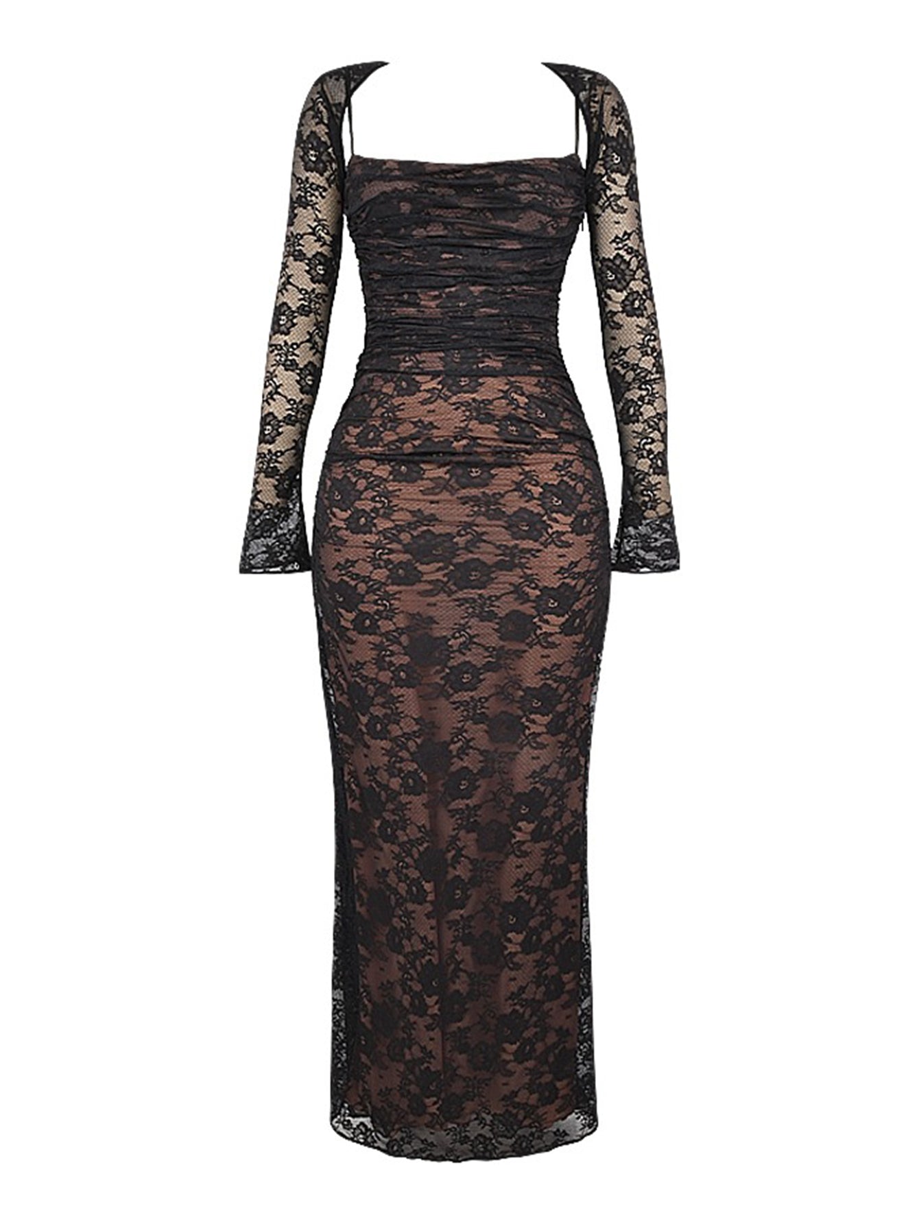 Omuz Seksi Askılı Kıvrımlı Dantel Uzun Balık Kuyruğu Elbise