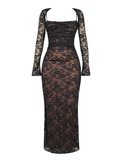 Omuz Seksi Askılı Kıvrımlı Dantel Uzun Balık Kuyruğu Elbise