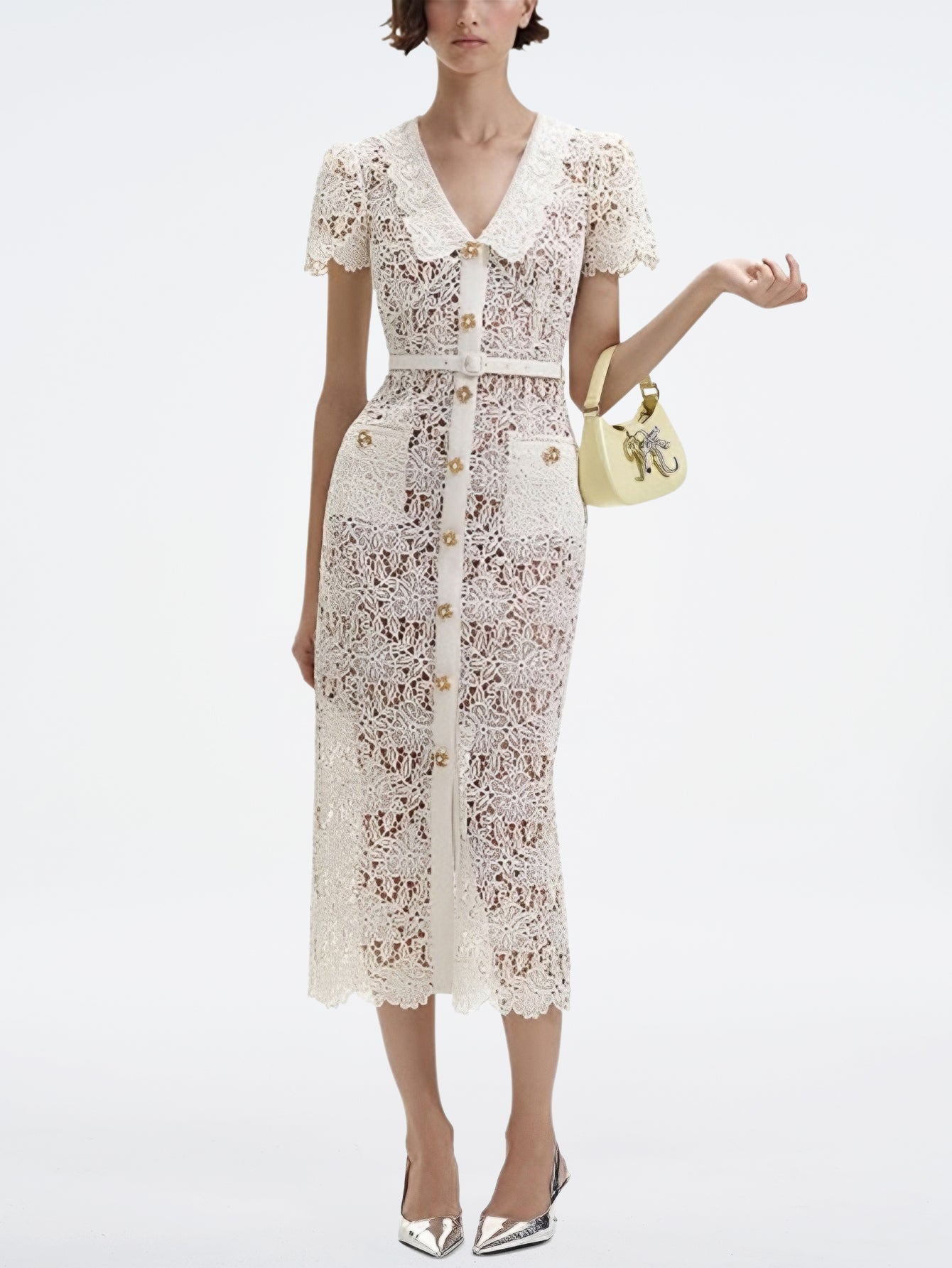 Şık Tığ İşi Dantel Midi Elbise