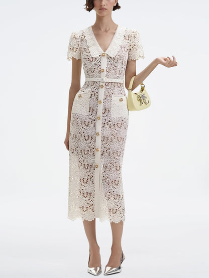 Şık Tığ İşi Dantel Midi Elbise