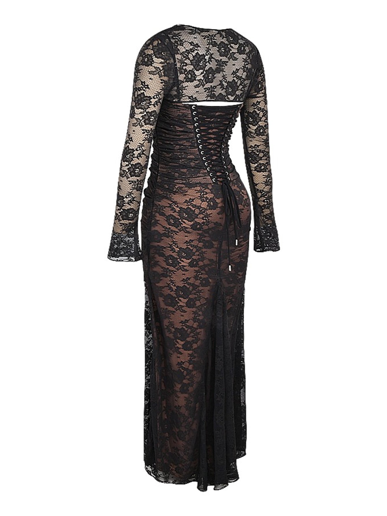 Omuz Seksi Askılı Kıvrımlı Dantel Uzun Balık Kuyruğu Elbise