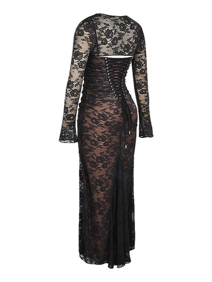 Omuz Seksi Askılı Kıvrımlı Dantel Uzun Balık Kuyruğu Elbise