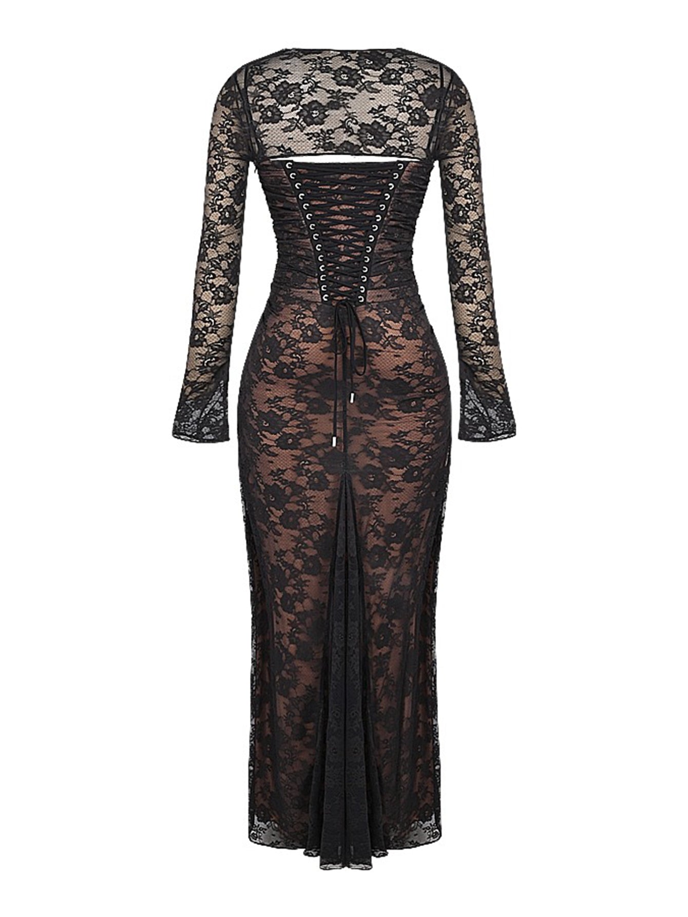 Omuz Seksi Askılı Kıvrımlı Dantel Uzun Balık Kuyruğu Elbise