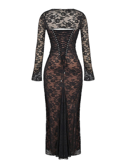 Omuz Seksi Askılı Kıvrımlı Dantel Uzun Balık Kuyruğu Elbise