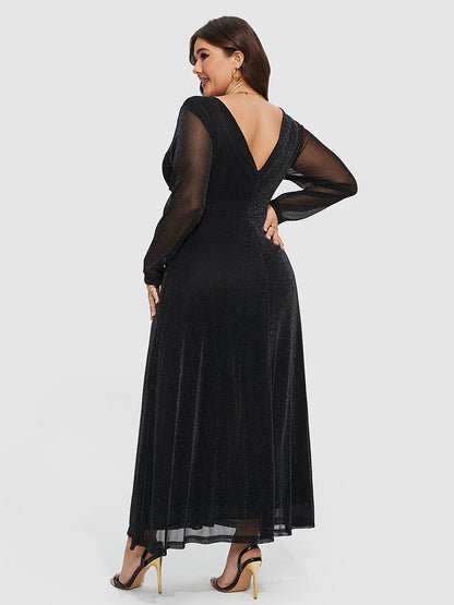 Elastik Bel Bandı Ve Simli Kontrast Fileli Kollu Elbise