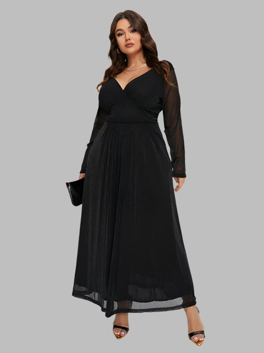 Elastik Bel Bandı Ve Simli Kontrast Fileli Kollu Elbise