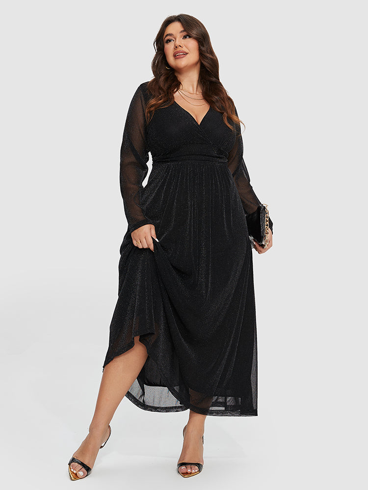 Elastik Bel Bandı Ve Simli Kontrast Fileli Kollu Elbise