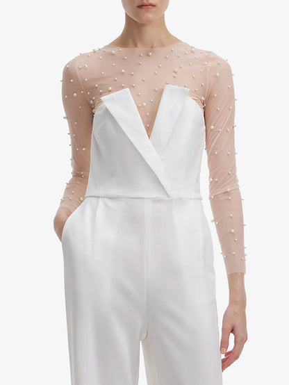 İnci Boncuklu Beyaz Tulum