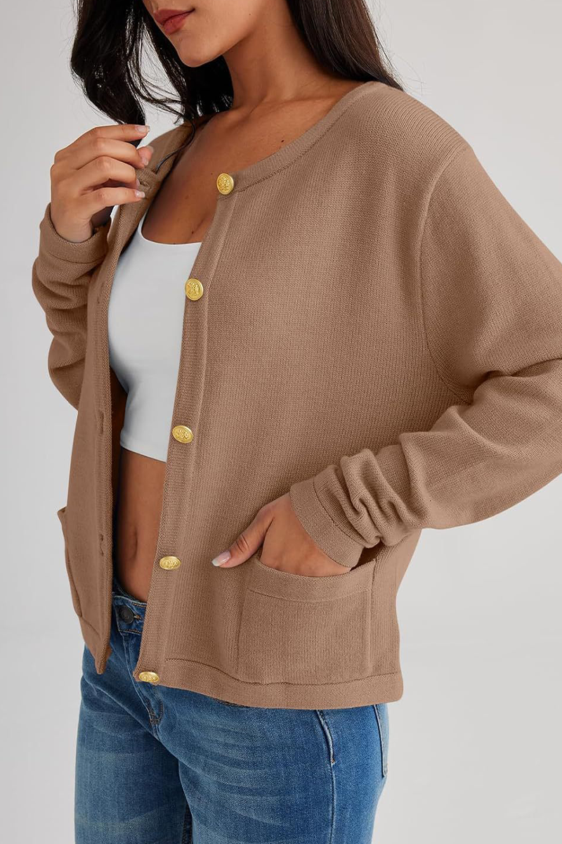 Günlük Günlük Düz Renk Cep Düğmeli O Yaka Dış Giyim (3 Renk)