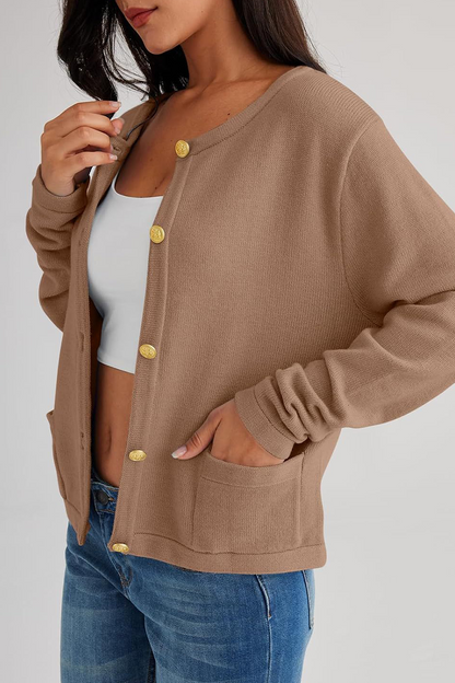 Günlük Günlük Düz Renk Cep Düğmeli O Yaka Dış Giyim (3 Renk)