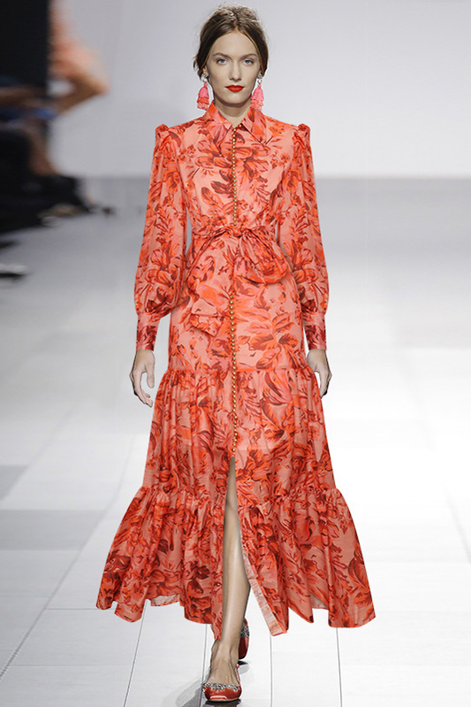 Balon Kollu Ve Desenli Queena Maxi Elbise