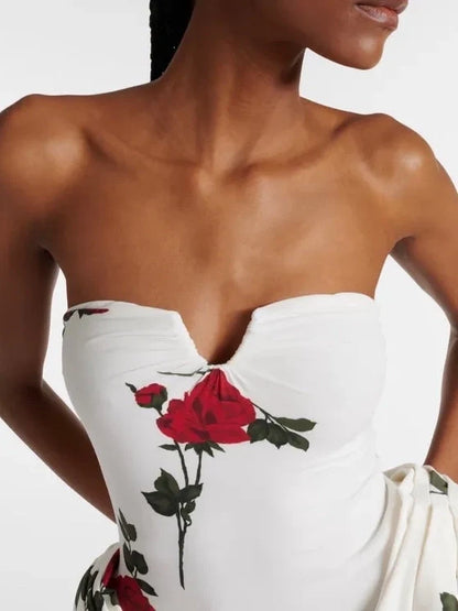 Gül Çiçek İşlemeli Straplez Mini Elbise