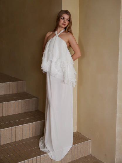 Zarif Fildişi Fırfırlı Elbise