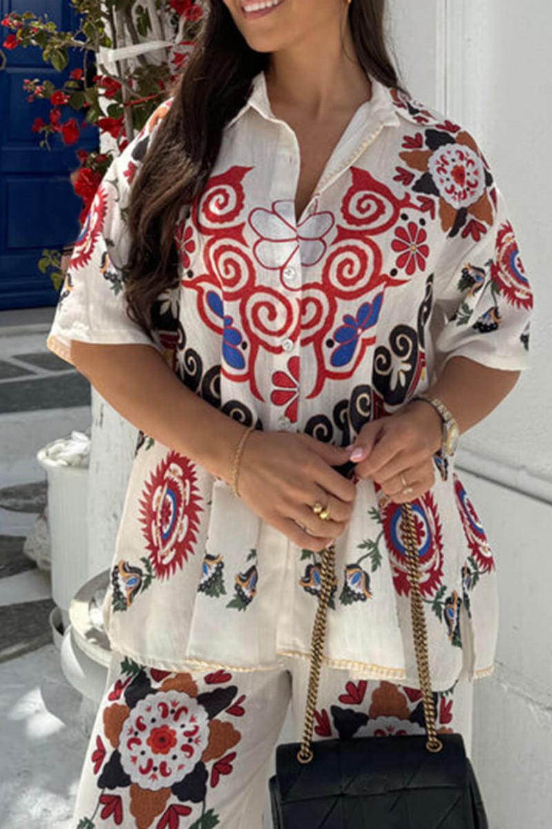 Benzersiz Ve Zarif Etnik Çiçek Baskı Elastik Bel Cepli Geniş Bacak Pantolon Takımı