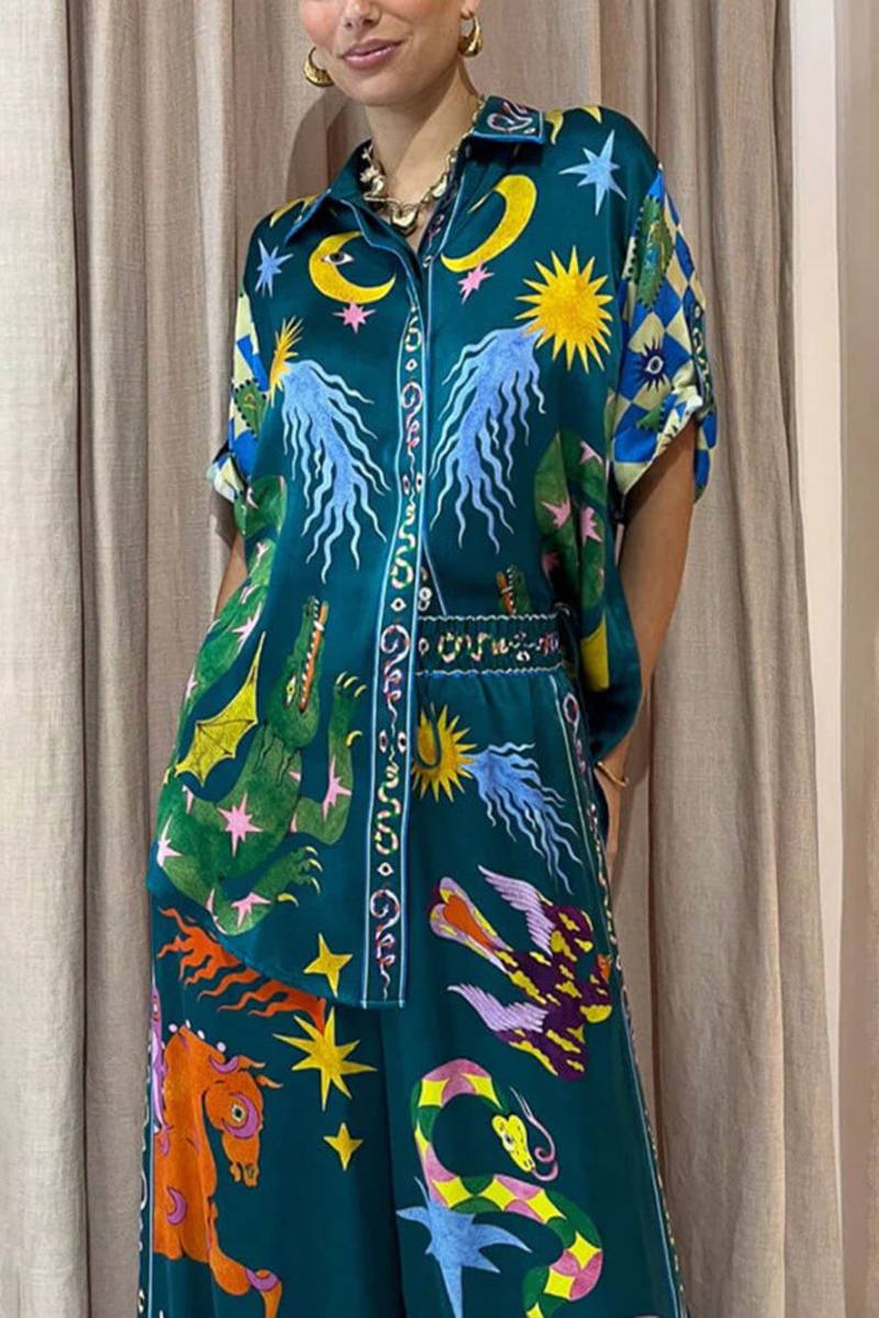 Özellikleri Baskı Elastik Bel Cepli Geniş Paça Pantolon Takımı