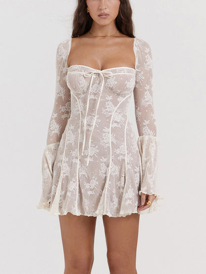 Uzun Dantel Falre Kollu Pileli Baskılı Mini Elbise