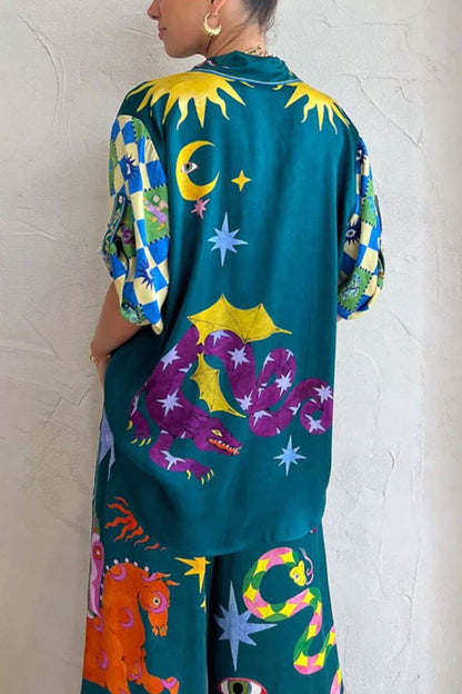 Özellikleri Baskı Elastik Bel Cepli Geniş Paça Pantolon Takımı