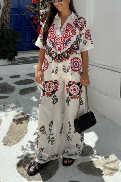 Benzersiz Ve Zarif Etnik Çiçek Baskı Elastik Bel Cepli Geniş Bacak Pantolon Takımı