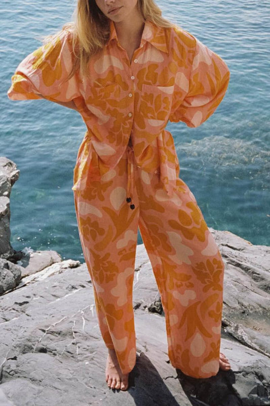 Tipik Etnik Tatil Baskı Bol Pantolon Takımı