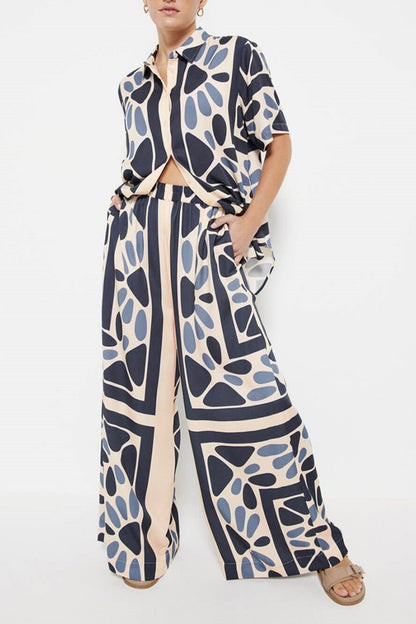 Yaz Tatili Tarzı Benzer Etnik Baskı Gevşek Bel Elastik Pantolon Takımı