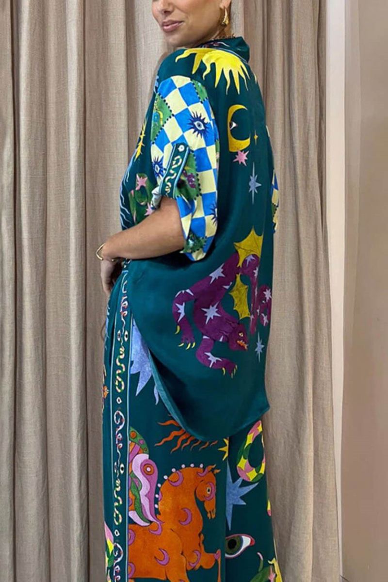 Özellikleri Baskı Elastik Bel Cepli Geniş Paça Pantolon Takımı