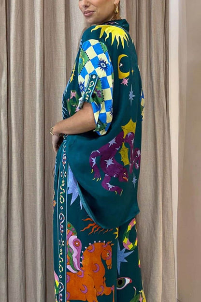 Özellikleri Baskı Elastik Bel Cepli Geniş Paça Pantolon Takımı