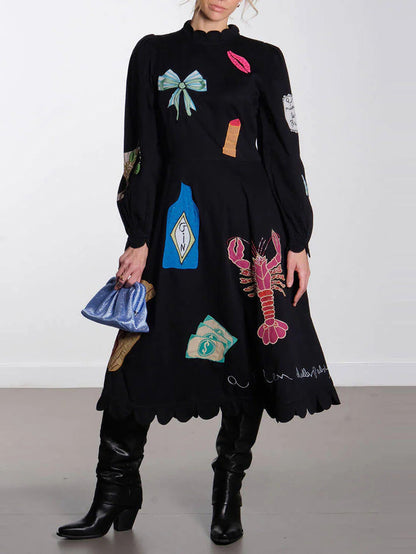 Istakoz Graffiti Tarak Kenar Midi Elbise