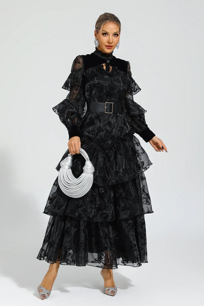 Kadife Çiçeği Siyah Kuşaklı File Uzun Elbise
