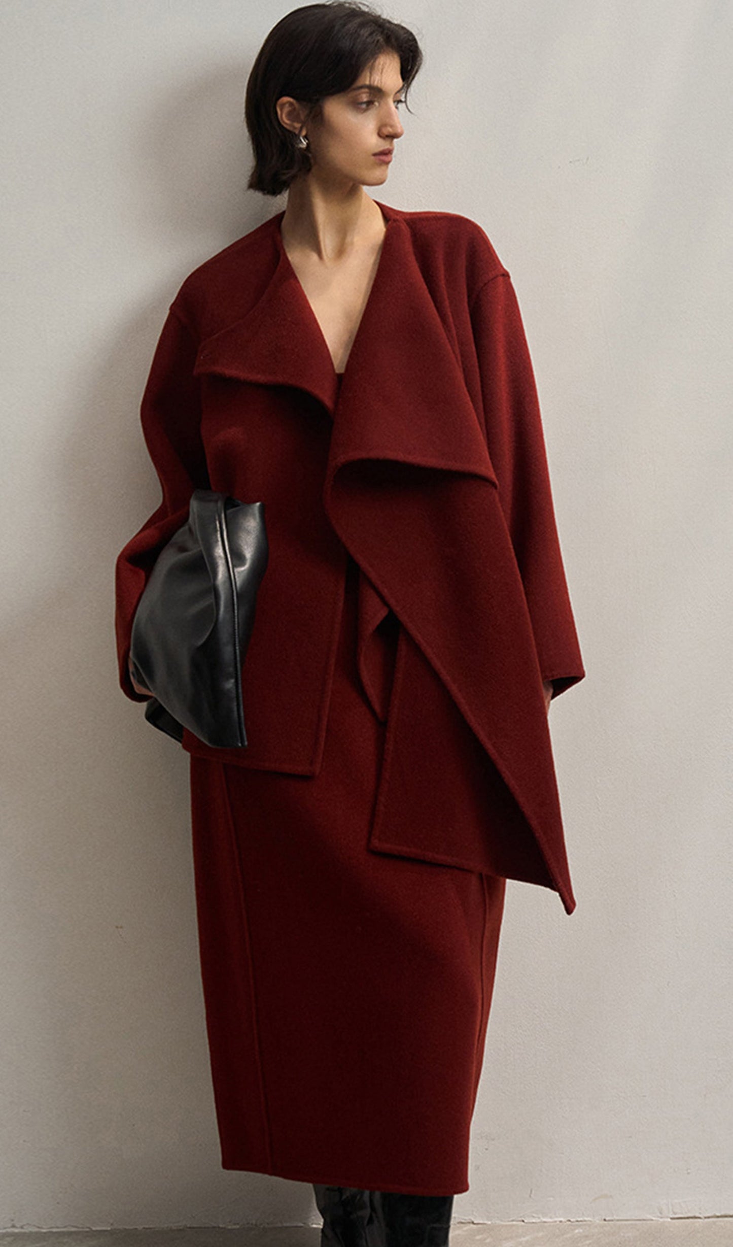 Düz Pelerin Tarzı Palto-Şarap Kırmızısı