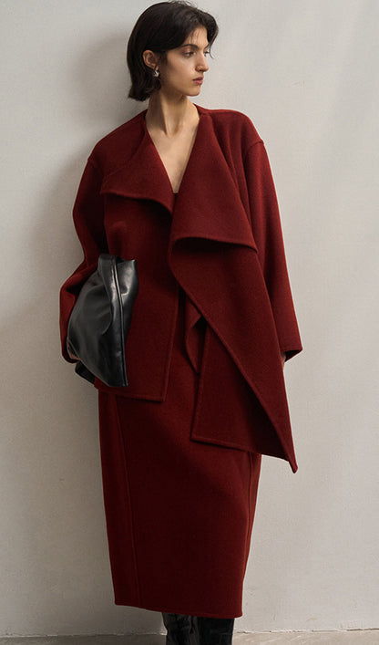 Düz Pelerin Tarzı Palto-Şarap Kırmızısı